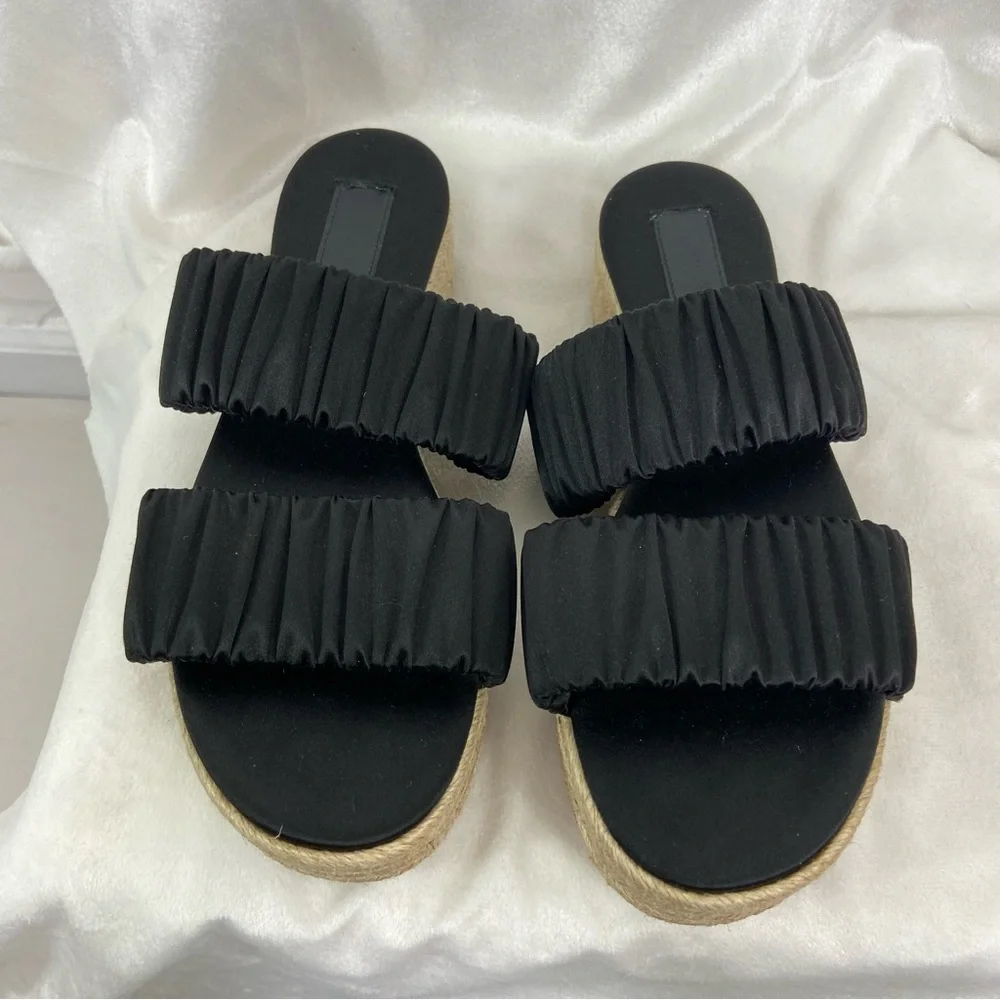 Mercedes Castillo black Satin scrunch Espadrilles platform sandals. Size 7